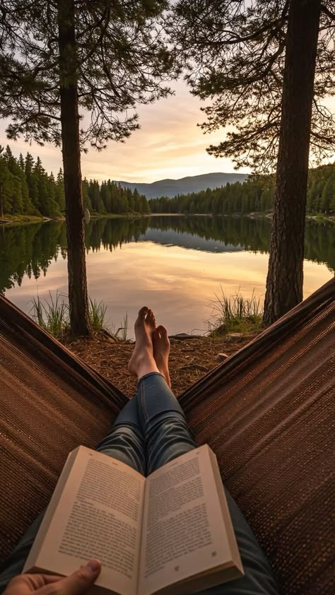 Reading in a hammock beside a still lake at sunset