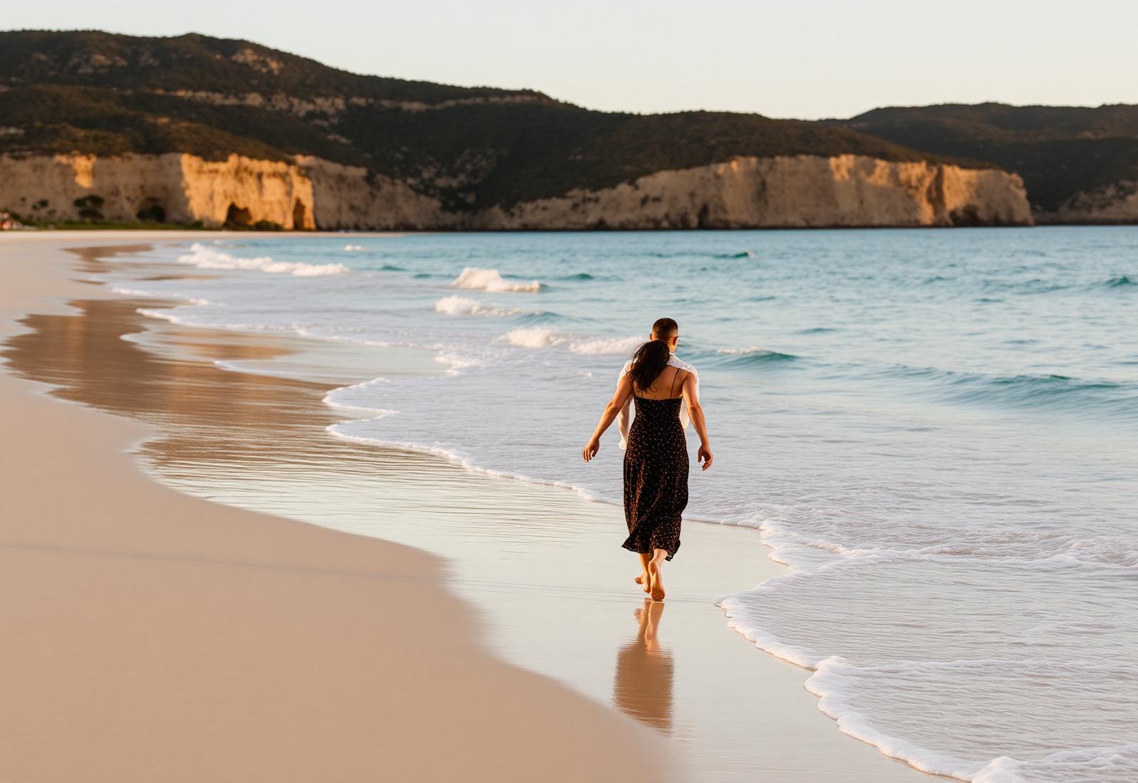 Couple walking on a quiet Mediterranean beach at sunset